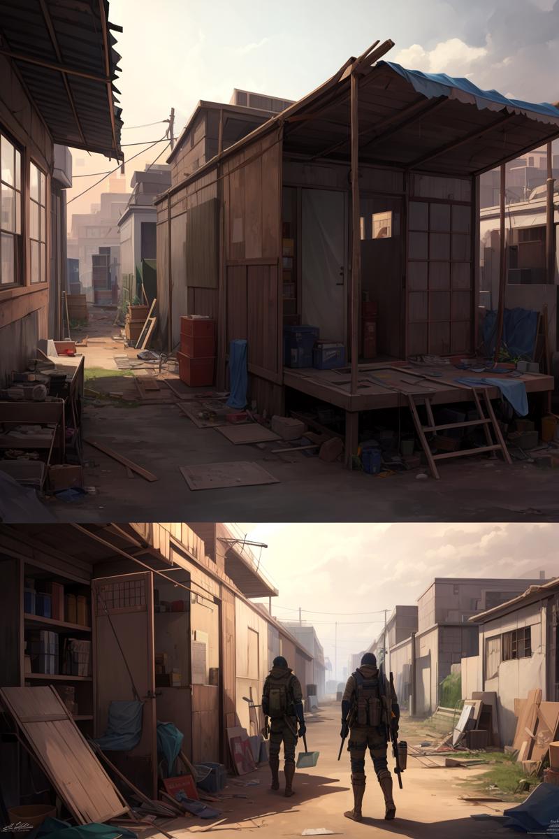 00132-2598443991-post-apocalypse, wasteland outpost, makeshift shelters, scavenged supplies, wary survivors, detailed background, , ((masterpiece.png